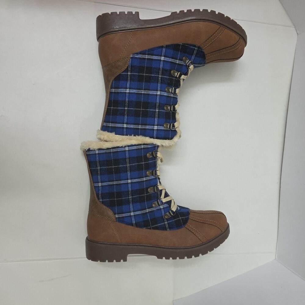 Plaid Lace-Up Winter Duck Boots w/ Faux Fur Lining Size 9.5 Brown & Blue - Picture 9 of 10